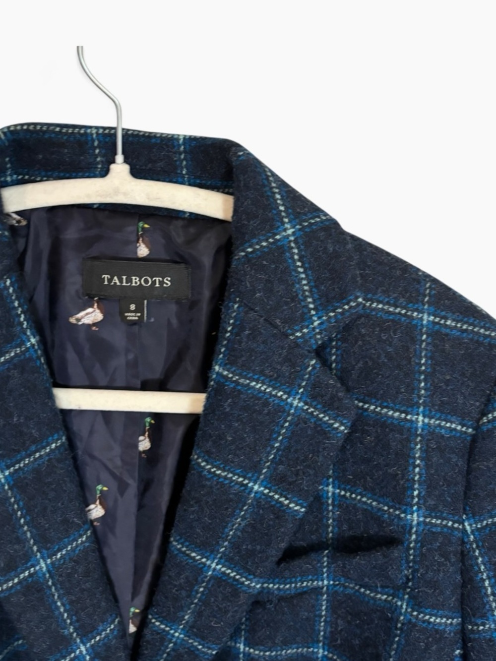 Talbots Navy Teal Windowpane Plaid Wool Blazer Jacket Size 8-Mallard Duck Lining